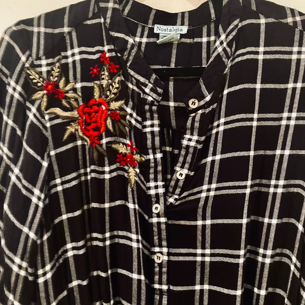 Plaid Flannel Drawstring Cinch Waist Nostalgia Dress With Flowers and Pockets